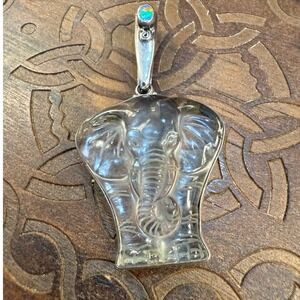 VTG Sajen Sterling clad Carved Clear Quartz Elephant Pendant w/ cabochon Opal
